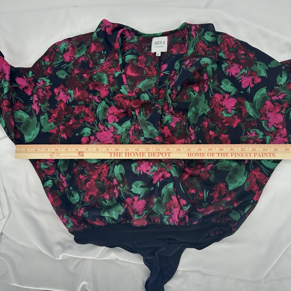 MISA Los Angeles Sz M V-Neck Black Floral Long Sleeve Dolman‎ Sleeve Bodysuit - Picture 8 of 8